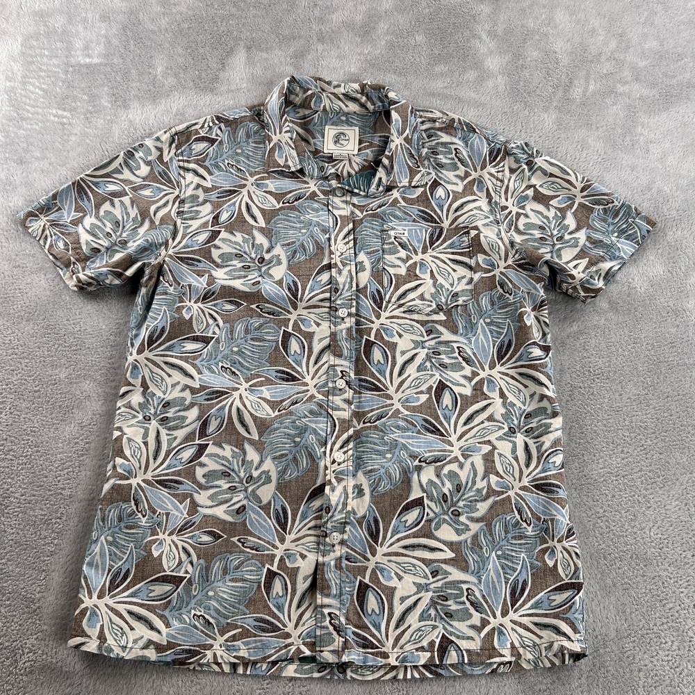 O'Neill Tropical Leaf Print Button Up Shirt S Blue Brown Men Surf Hawaiian Camp
